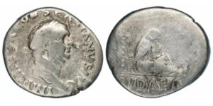 Roman Empire, Vespasian (AD 69-79), AR Denarius, 'Judaea Capta' type, IMP CAESAR VESPASIANVS