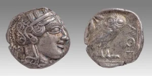 ATTICA, Athens. Circa 454-404 BC. AR Tetradrachm (24mm, 17.12 g, 7h). Helmeted head of Athena right, with frontal eye / Owl standing right, head facing; olive sprig and crescent behind; all within incuse square. Kroll 8; HGC 4, 1597. Good VF, lightly toned.