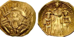 Andronicus II Palaeologus with Michael IX (AD 1295-1320). AV/EL hyperpyron (24mm, 4.06 gm, 6h). NGC AU 4/5 - 3/5,