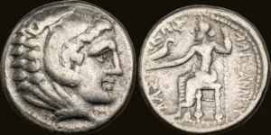 MACEDONIAN KINGDOM. Alexander III the Great (336-323 BC). AR tetradrachm (25mm, 9h). NGC Fine.  tstretched right hand, grounded scepter in left; no symbols, letters, or control marks. Price B6.
