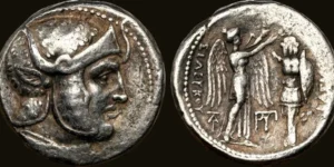 SELEUCID KINGDOM. Seleucus I Nicator (312-281 BC). AR tetradrachm (25mm, 17.39 gm, 6h). NGC Choice VF AT monogram to lower left below right wing, ΠΥΡ monogram between Nike and trophy below left wing. SC 173.4.