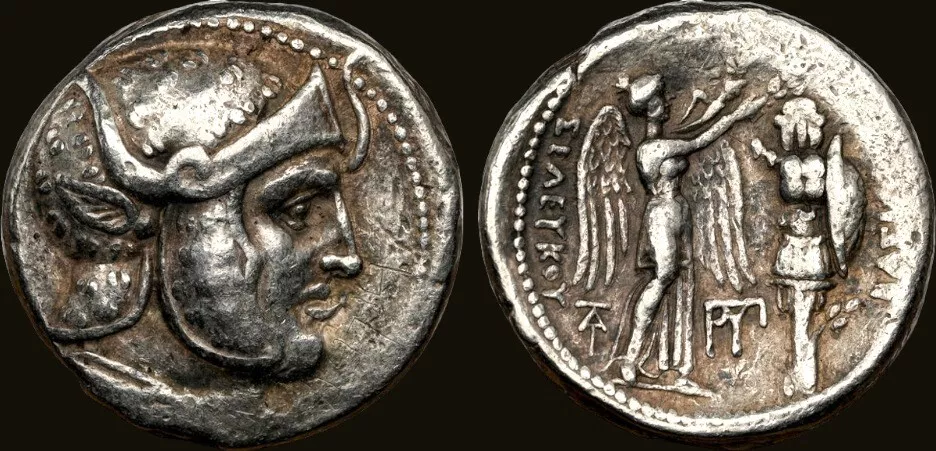 SELEUCID KINGDOM. Seleucus I Nicator (312-281 BC). AR tetradrachm (25mm, 17.39 gm, 6h). NGC Choice VF AT monogram to lower left below right wing, ΠΥΡ monogram between Nike and trophy below left wing. SC 173.4.