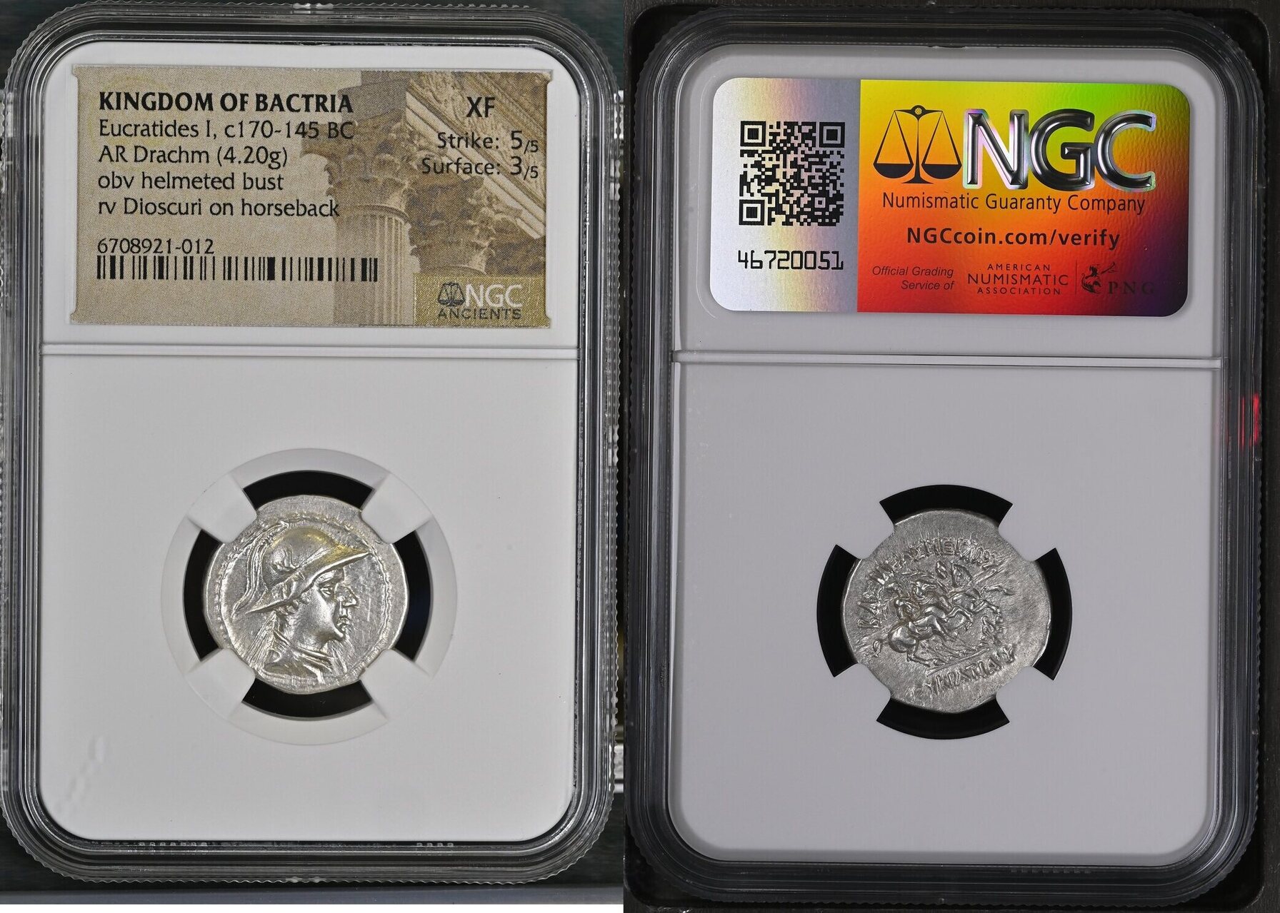 BAKTRIA. Kingdom of Baktria. Eukratides I, ca. 170-145 B.C. AR Drachm (4.20 gms). NGC EF