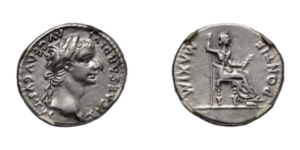 Tiberius. AD 14-37. AR Denarius (17.5mm, 3.73 g, 7h). “Tribute Penny” type. Lugdunum (Lyon) mint.