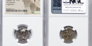 Tiberius (AD 14-37). AR denarius (18mm, 12h). NGC Fine. Lugdunum, ca. AD 15-18.