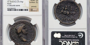 Nero, as Augustus (AD 54-68). AE sestertius (35mm, 25.29 gm, 5h). NGC Fine