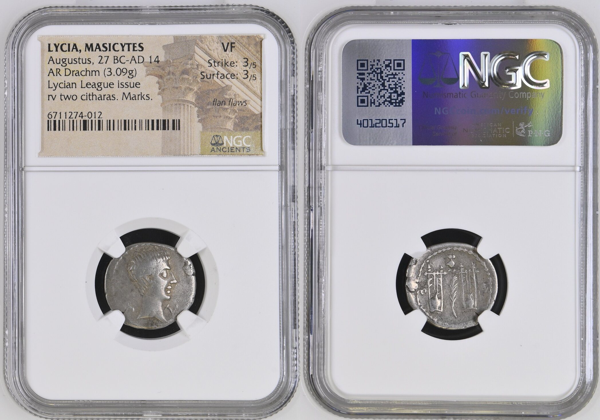 Roman Empire, Augustus (27 BC-AD 14), AR Drachm, struck by the Lycian League in Masicytes, c. 27-20 BC