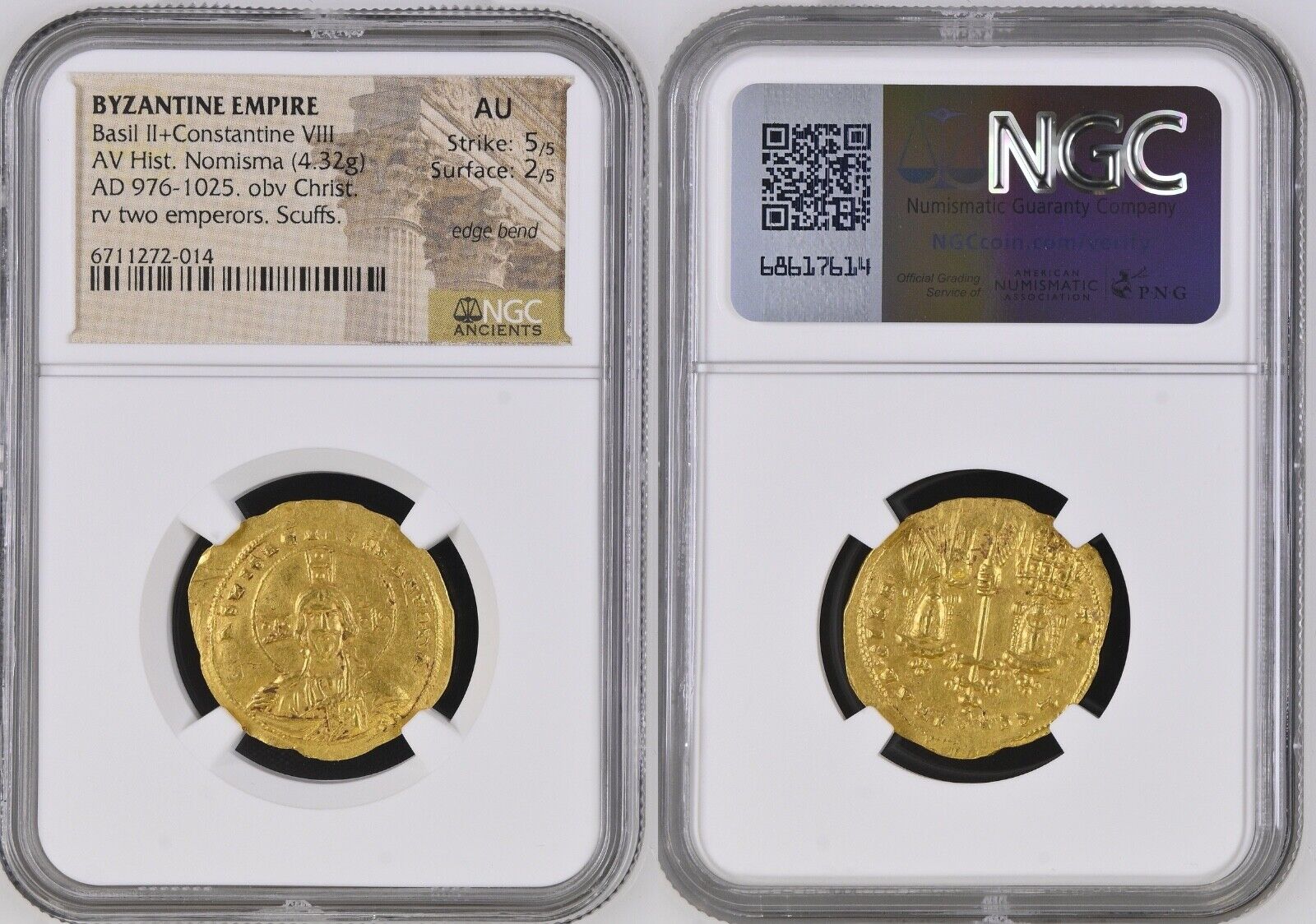 Basil II Bulgaroktonos, with Constantine VIII. 976-1025. AV Histamenon Nomisma (24mm, 4.33 g, 6h).
