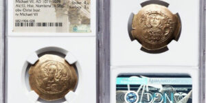 Michael VII Ducas (AD 1071-1078). AV/EL histamenon nomisma scyphate (29mm, 4.38 gm, 7h). NGC Choice XF