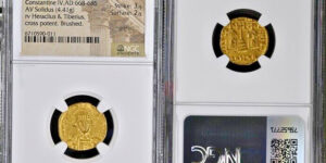 CONSTANTINE IV with HERACLIUS and TIBERIUS, 668-685. AV Solidus (4.41 gms), Constantinople Mint, 3rd Officina, ca. 674-681.