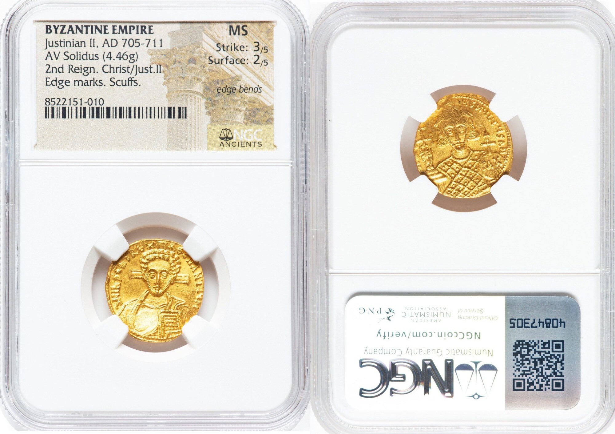 Justinian II Rhinotmetus, Second Reign (AD 705-711). AV solidus (20mm, 4.46 gm, 5h).