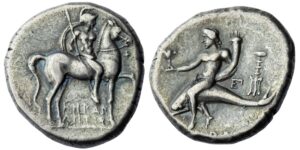 Calabria, Tarentum, AR Nomos, struck 272-235 BC, Herakletos, magistrate, K HRAK/LHTOS,