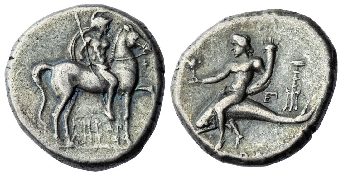 Calabria, Tarentum, AR Nomos, struck 272-235 BC, Herakletos, magistrate, K HRAK/LHTOS,