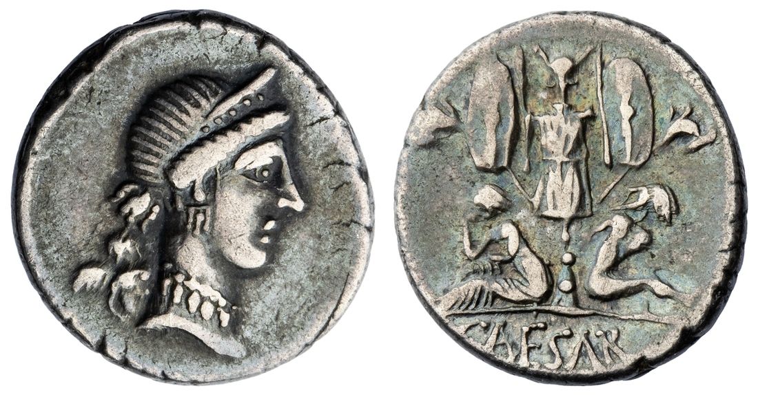 Roman Republic, Julius Caesar, AR Denarius, military mint traveling with Caesar in Spain