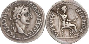 TIBERIUS, A.D. 14-37. AR Denarius (3.55 gms), Lugdunum Mint, ca. A.D. 18-37.