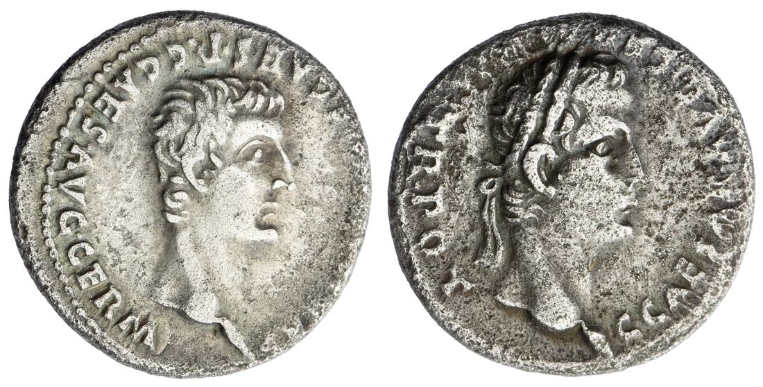 Roman Empire, Caligula (AD 37-41), with Germanicus, AR Denarius, Lugdunum, struck c. 37-38,