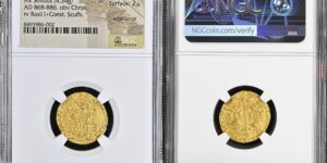 BASIL I with CONSTANTINE, 867-886. AV Solidus (4.34 gms), Constantinople Mint, ca. 868-879.