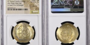 ISAAC II, 1185-1195. EL Aspron Trachy (4.10 gms), Constantinople Mint. NGC Ch AU