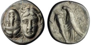 Moesia, Istros AR Drachm, facing male heads, the left inverted