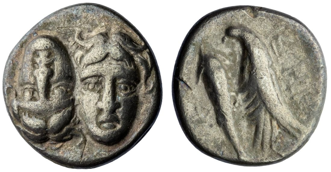 Moesia, Istros AR Drachm, facing male heads, the left inverted