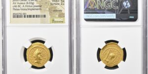 Julius Caesar, as Consul for the Third Time (46 BC), with Aulus Hirtius, as Praetor. AV aureus (8.03 gm, 7h).