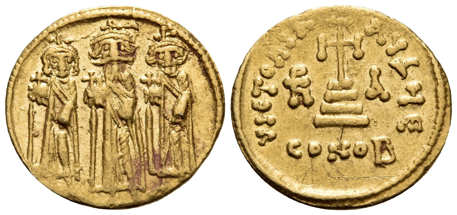 Heraclius, with Heraclius Constantine and Heraclonas, 610-641. Solidus (Gold, 19 mm, 4.44 g, 6 h),