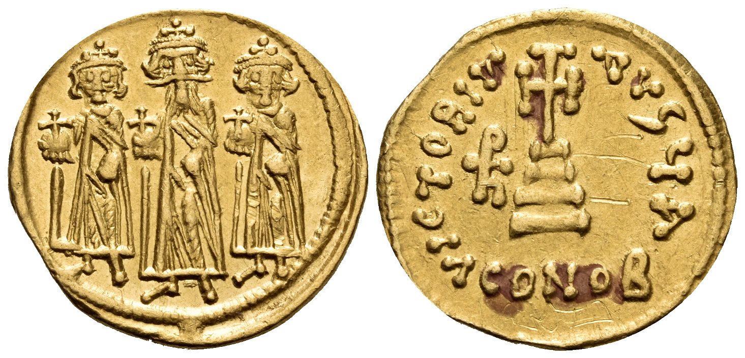 Heraclius, with Heraclius Constantine and Heraclonas, 610-641. Solidus (Gold, 20 mm, 4.38 g, 6 h),