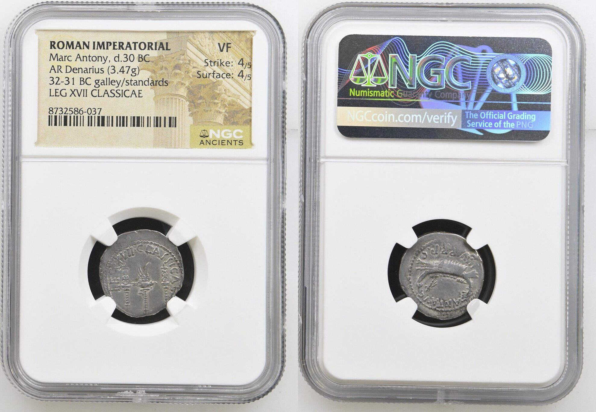 Mark Antony. Autumn 32-spring 31 BC. AR Denarius (3.47 g). Legionary issue. LEG XVII, Classicae