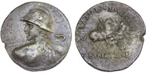 BACTRIA: Eukratides I Megas, ca. 170-145 BC, AR tetradrachm (14.75g), Bop-8B, Mitch-179a,