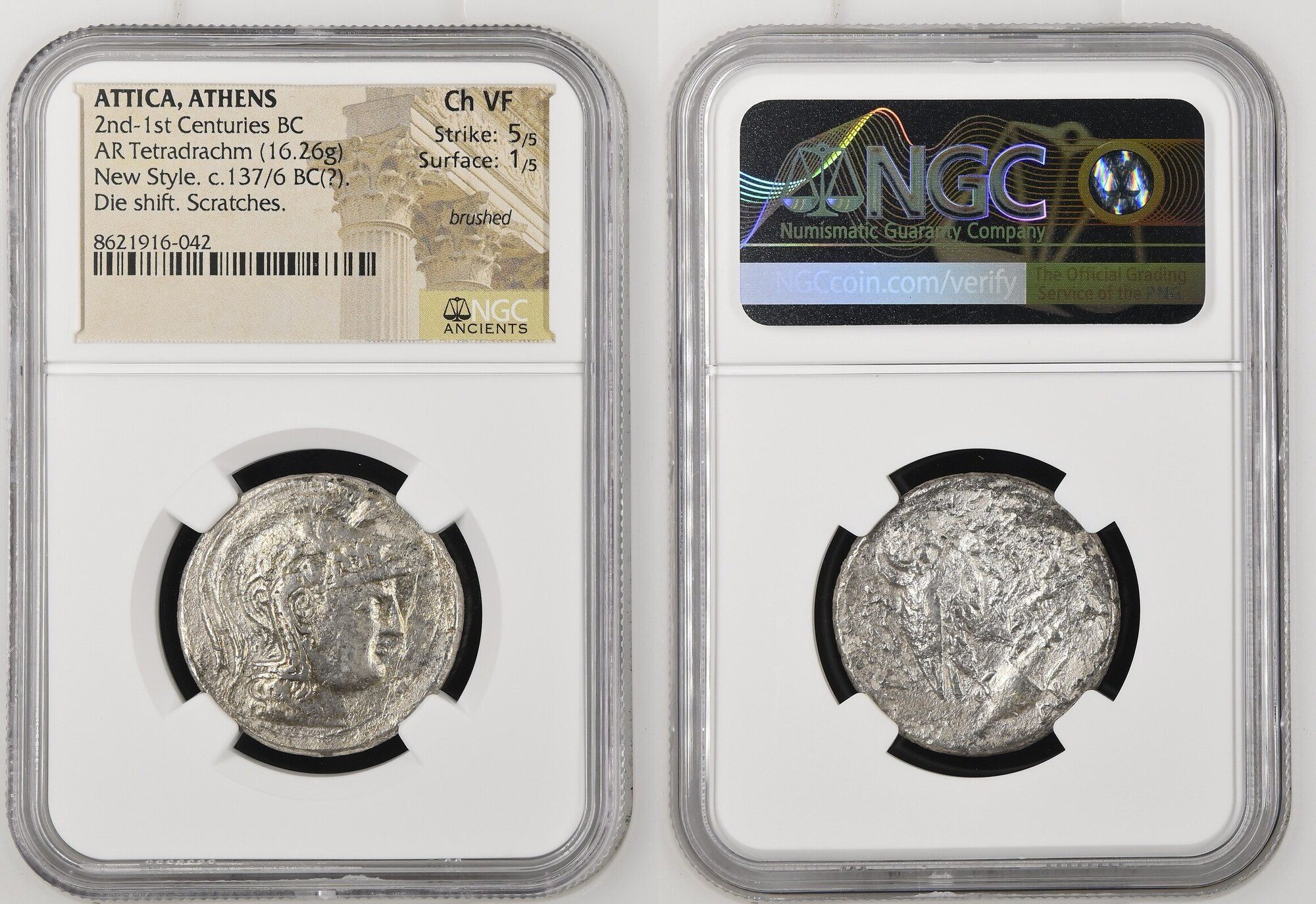 ATTICA, Athens. Circa 165-42 BC. AR Tetradrachm (28mm, 16.26 g, 11h). New Style coinage. Miki–, and Theophra–, magistrates.