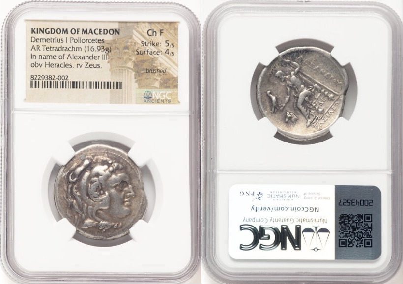 MACEDONIAN KINGDOM. Demetrius I Poliorcetes (306-283 BC). AR tetradrachm (29mm, 16.93 gm, 4h). NGC
