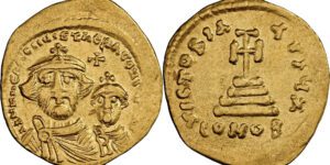 Heraclius with Heraclius Constantine (AD 613-641). AV solidus (21mm, 4.36 gm, 7h). NGC Choice VF 4/5 - 2/5,