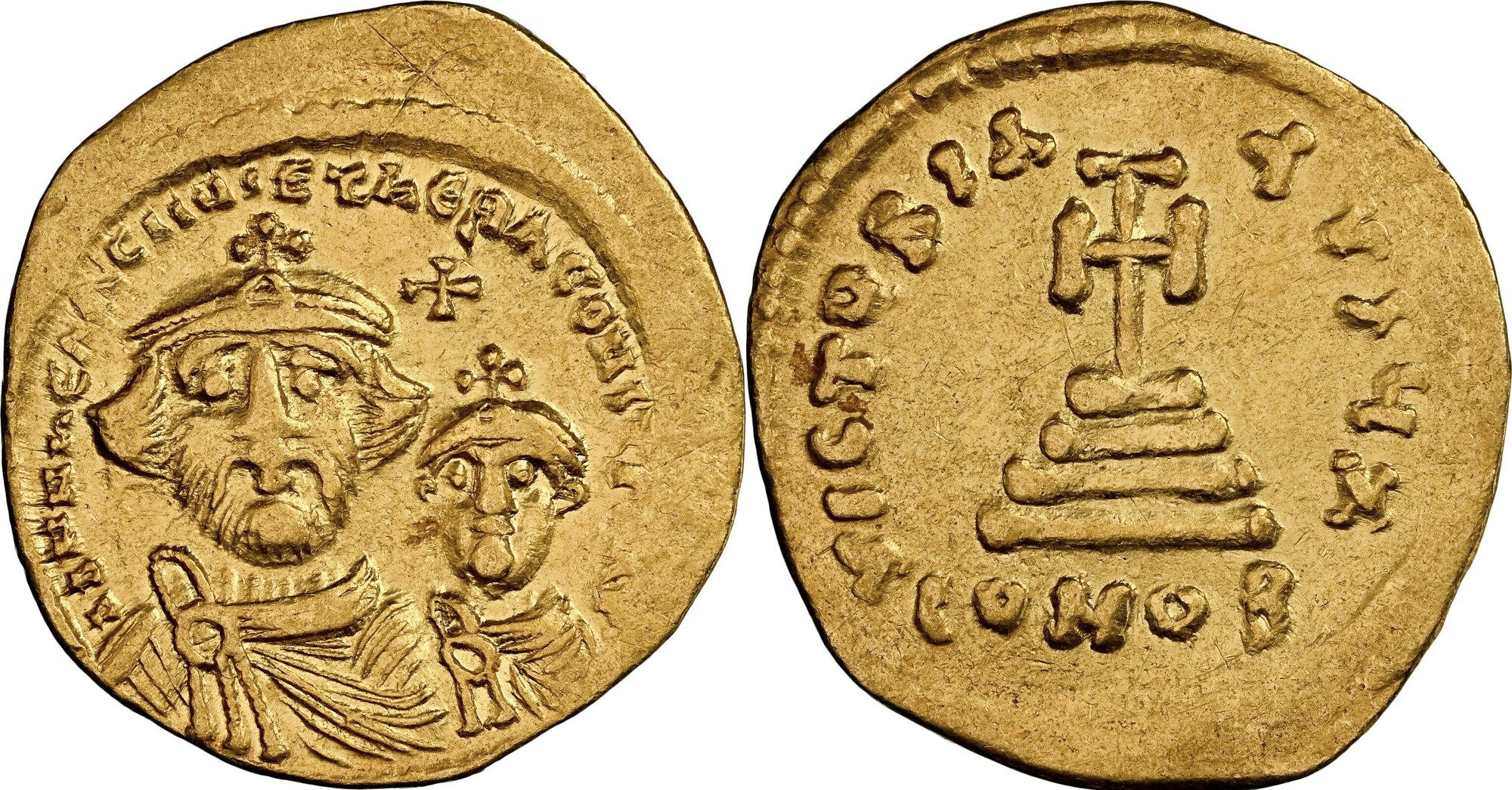 Heraclius with Heraclius Constantine (AD 613-641). AV solidus (21mm, 4.36 gm, 7h). NGC Choice VF 4/5 - 2/5,