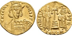 Constantine IV Pogonatus, with Heraclius and Tiberius, 668-685. Solidus (Gold, 19 mm, 4.36 g, 6 h)