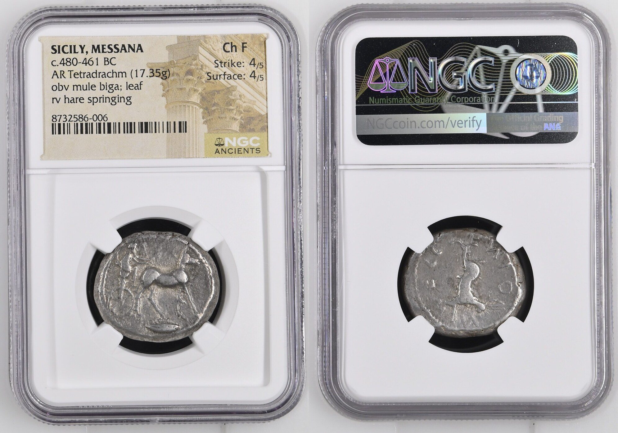 SICILY, Messana. 478-476 BC. AR Tetradrachm (25.5mm, 17.34 g, 4h). Charioteer