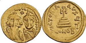 Heraclius with Heraclius Constantine (AD 613-641). AV solidus (20mm, 4.31 gm, 7h). NGC VF 4/5 - 2/5