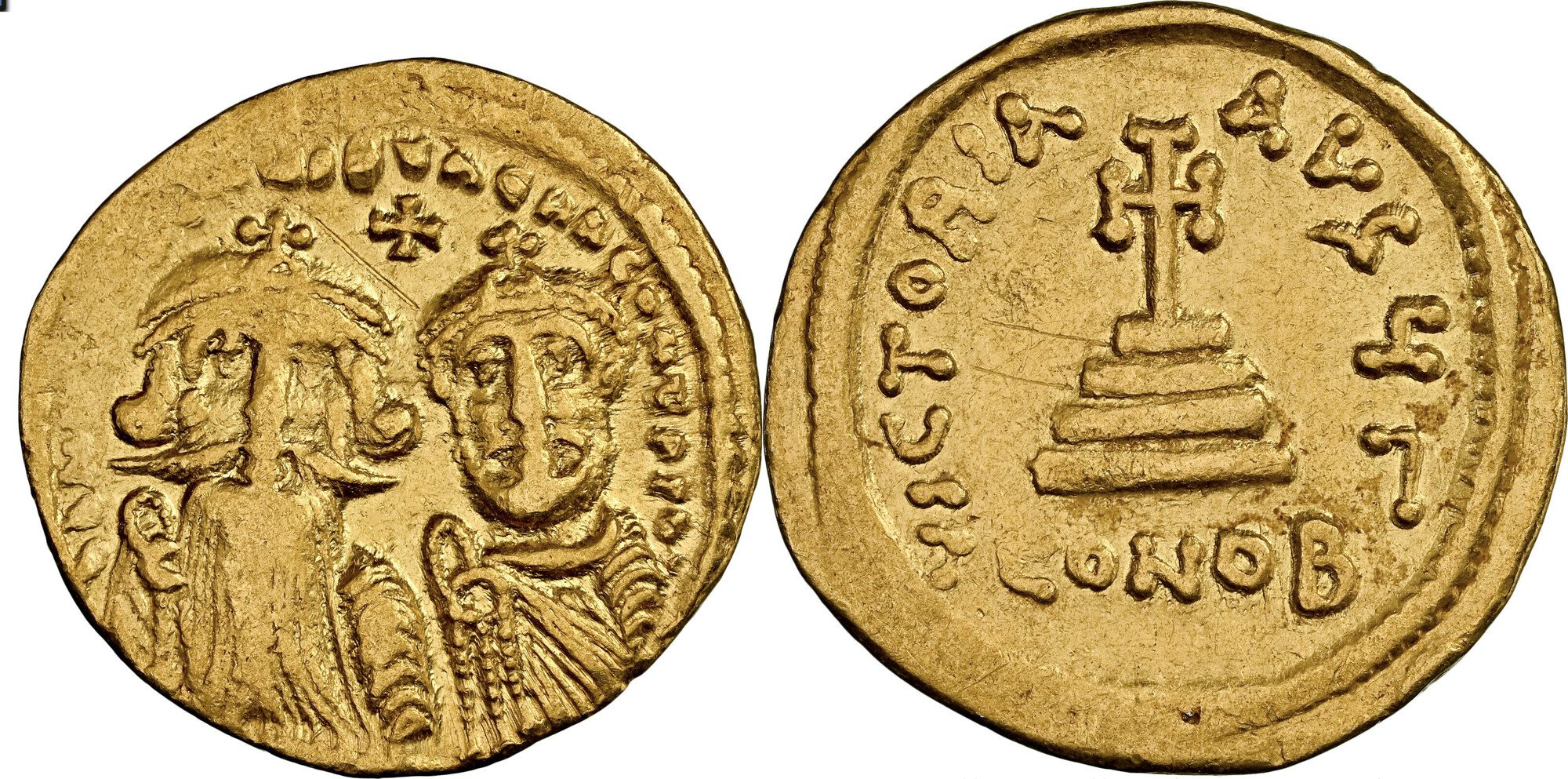 Heraclius with Heraclius Constantine (AD 613-641). AV solidus (20mm, 4.31 gm, 7h). NGC VF 4/5 - 2/5