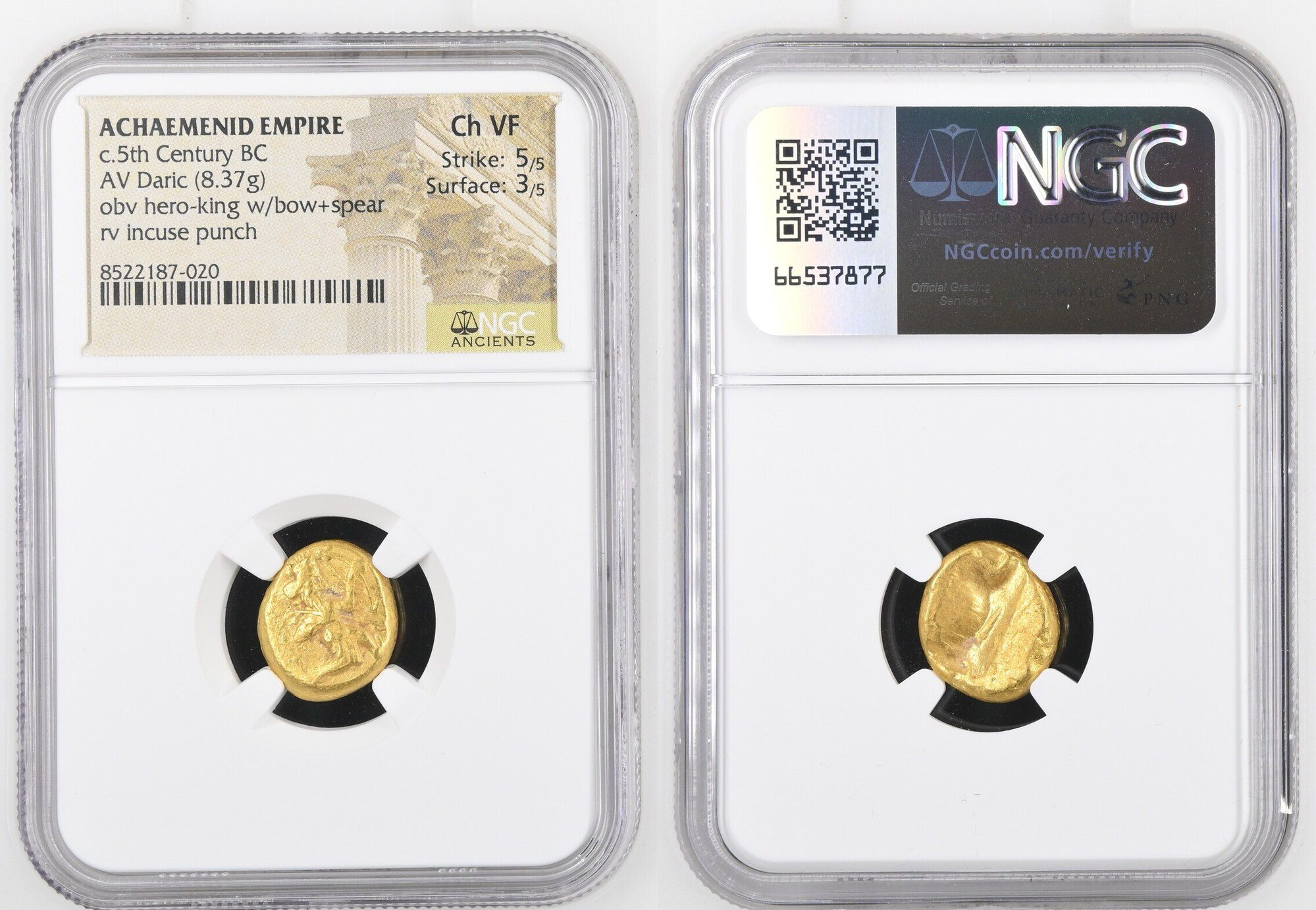 ACHAEMENID PERSIA. Xerxes I-Darius II (ca. 5th century BC). AV daric (16mm, 8.37 gm). NGC Choice VF 5/5 - 3/5. Lydo-Milesian standard, Sardes, ca. 485-420 BC. Persian king or hero,