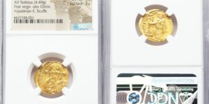 Justinian II, First Reign (AD 685-695). AV solidus (20mm, 4.49 gm, 7h). NGC MS