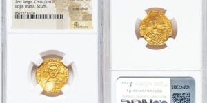 Justinian II Rhinotmetus, Second Reign (AD 705-711). AV solidus (20mm, 4.46 gm, 5h). NGC MS