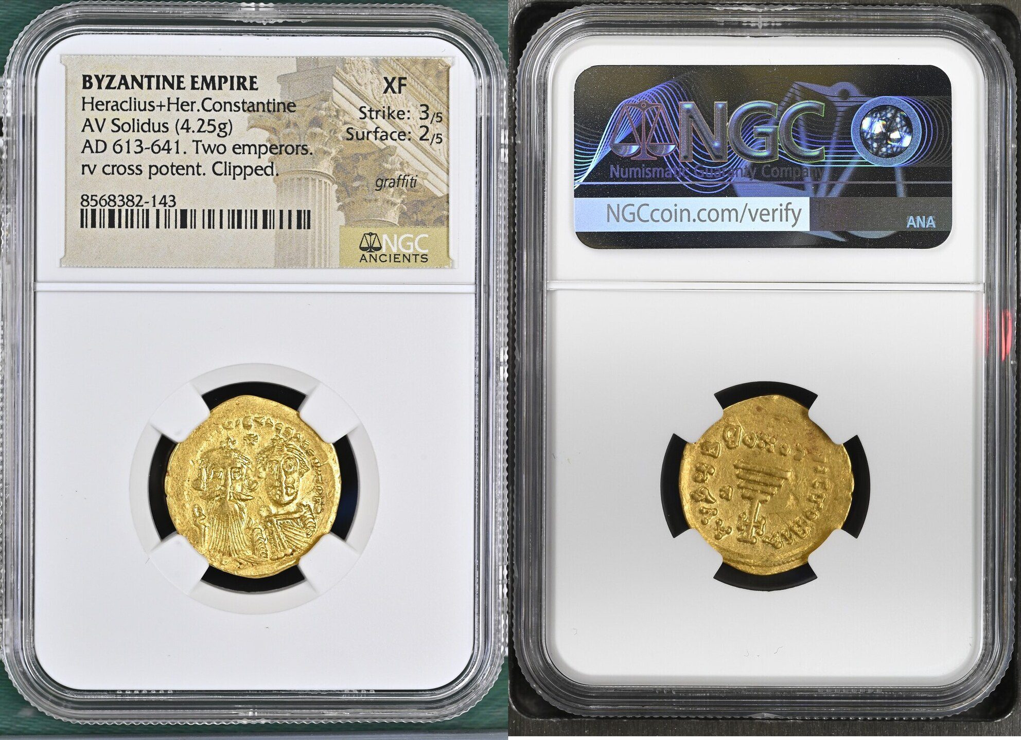 Heraclius with Heraclius Constantine (AD 613-641). AV solidus (21mm, 4.25 gm, 7h). NGC XF 3/5 - 2/5, graffiti, clipped. Constantinople, 2nd officina, AD 629-631. dd NN hЄRACLIЧS ЄT