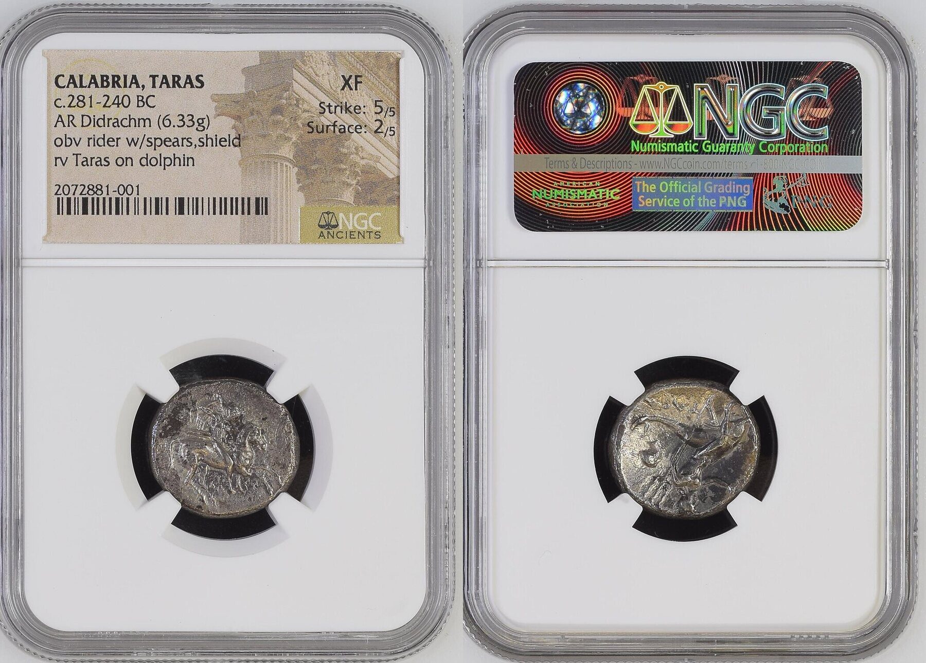 CALABRIA. Tarentum. Ca. 281-240 BC. AR stater or didrachm (19mm, 6.33 gm, 6h). NGC XF