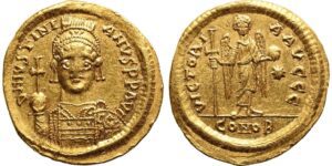 BYZANTINE EMPIRE. Justinian I. Gold Solidus, AD 542-552. Thessalonica.