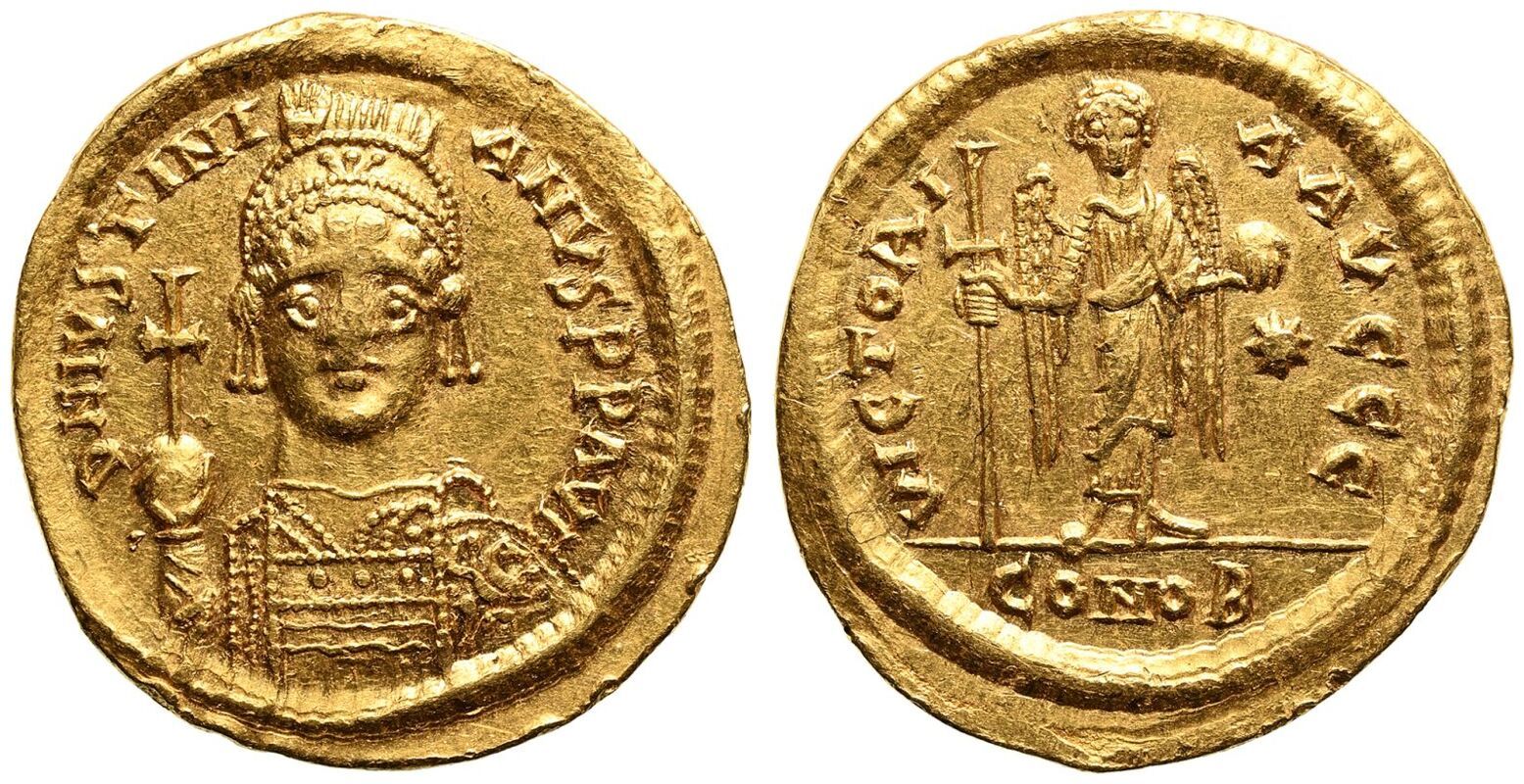 BYZANTINE EMPIRE. Justinian I. Gold Solidus, AD 542-552. Thessalonica.